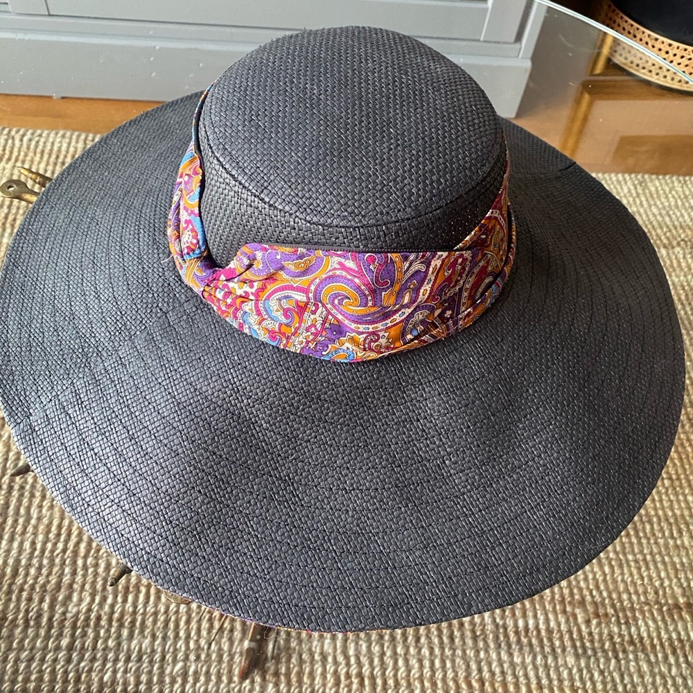Black Wide-Brim Paper Straw Hat with Paisley Band and under rim
